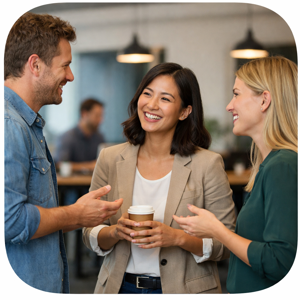 mennesker som prater p jobb sammen nsker at bildet er avrundet in kantene-1